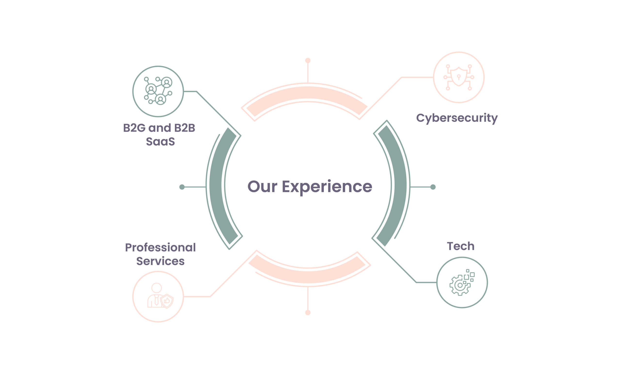 a circle with "our experience" in the center broken into 4 partsB2G and B2B Saas, Professional Services, Cybersecurity, and Tech