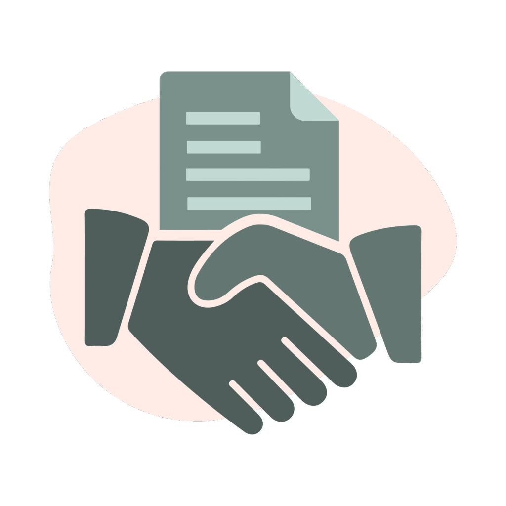 Flat illustration of two hands shaking over a document, symbolizing a trusted long-term partnership. Represents Revonish acting as an extension of each client’s team with care, collaboration, and consistency.