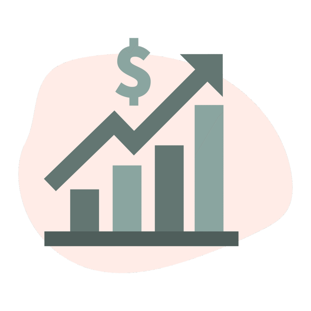 Flat illustration of an upward trending bar chart with a dollar sign, symbolizing business growth and ROI. Represents how Revonish helps clients turn interest into signed contracts, strengthen pitches, and boost credibility while keeping costs low.